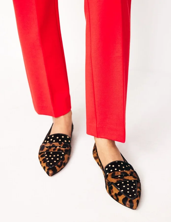 Pointed Loafers, Black and Camel Spot