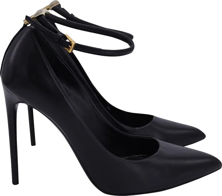 Pointed Toe Ankle Strap Pumps in Black Leather