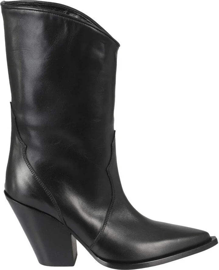 Pointed Toe Black Leather Cowboy Boots
