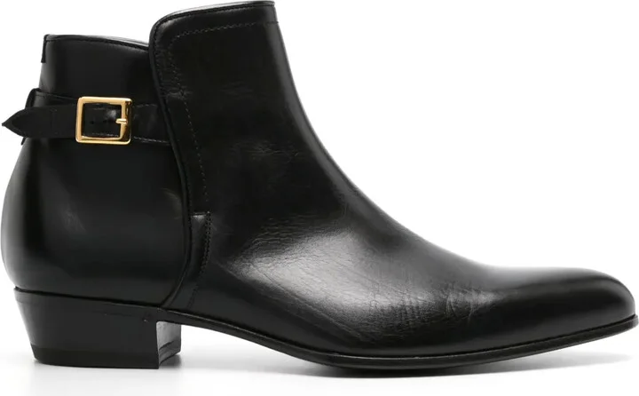 Pointed-Toe Buckled Leather Boots