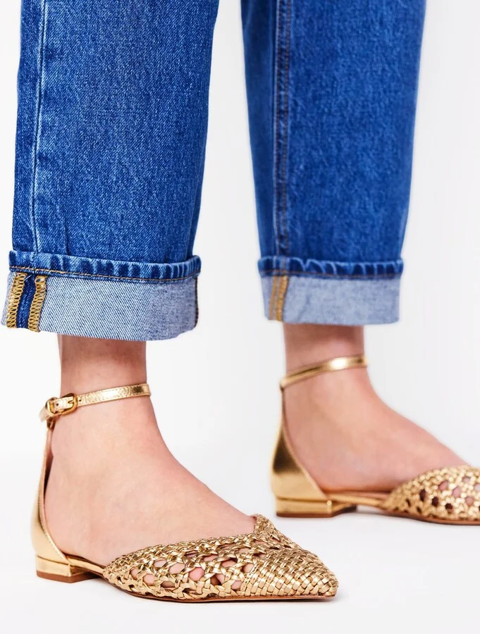 Pointed Toe Cap Flats, Gold Woven Leather - Image 2