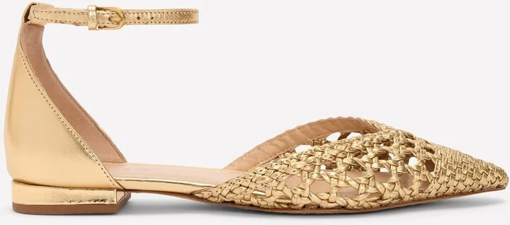 Pointed Toe Cap Flats, Gold Woven Leather