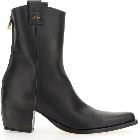 Pointed Toe Leather Boots With Block Heel