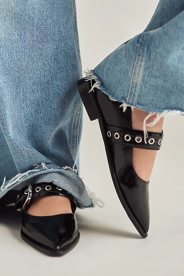 Pointed-Toe Moto Mary Jane Flats
