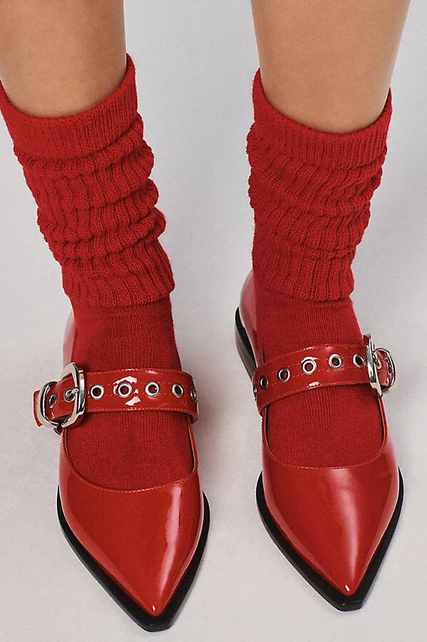 Pointed-Toe Moto Mary Jane Flats