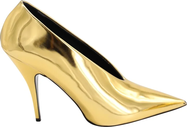 Pointed Toe Pumps in Gold Faux Patent Leather