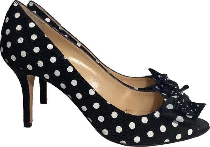 Polka Dot Peep Toe Pumps in Black Satin