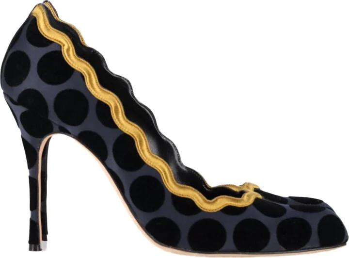 Polka Dot Scalloped Pumps in Navy Blue Satin