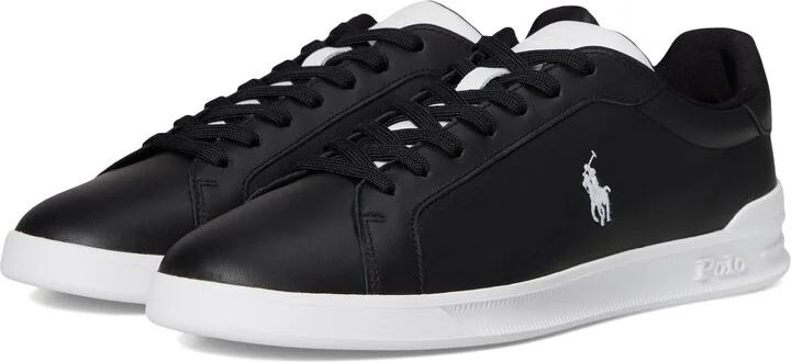 POLO RALPH LAUREN Men Heritage Court II Leather Sneakers Black/White 10 Medium