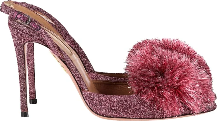 Pom-Pom Detail Slingback Pumps in Pink Glitter