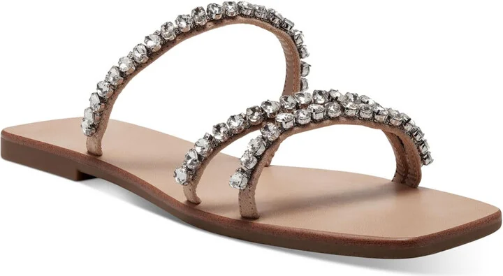 Pommona Womens Rhinestone Slip On Slide Sandals