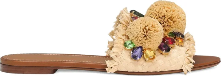 Pompom Raffia Slides