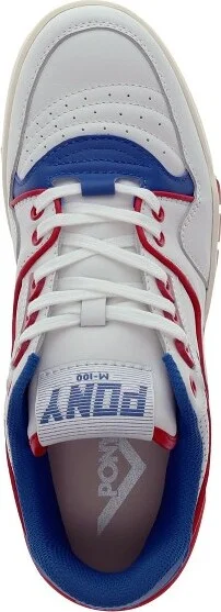 PONY Mens M100 Low Archive Genuine Leather Premium Lace Up Athletic Sneaker Shoe, Snow White/Royal/Red, Size - Image 3
