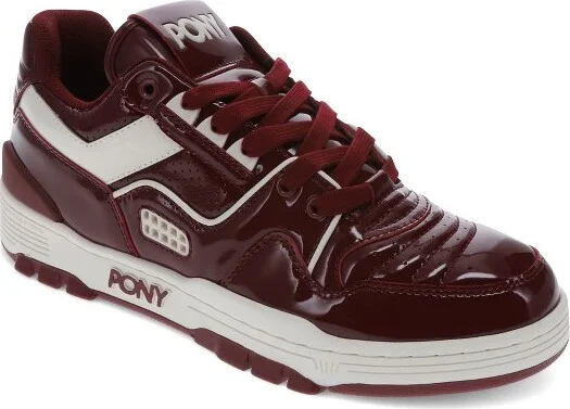 PONY Mens M100 Low Patent Genuine Leather Premium Lace Up Athletic Sneaker Shoe, Burgundy/Off White, Size