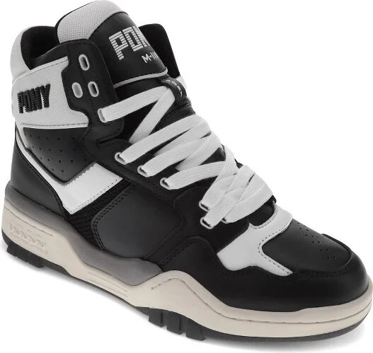 PONY Mens M110 Archive Genuine Leather Premium Lace Up Athletic Sneaker Shoe, Black/White, Size