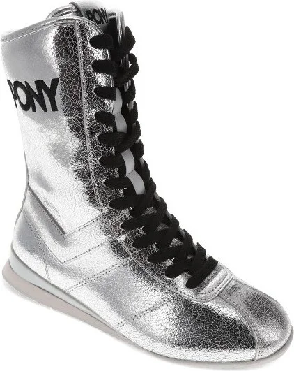 PONY Womens KO-80 High Vintage Metallic Genuine Leather Premium Lace Up Athletic Sneaker Shoe, Silver, Size
