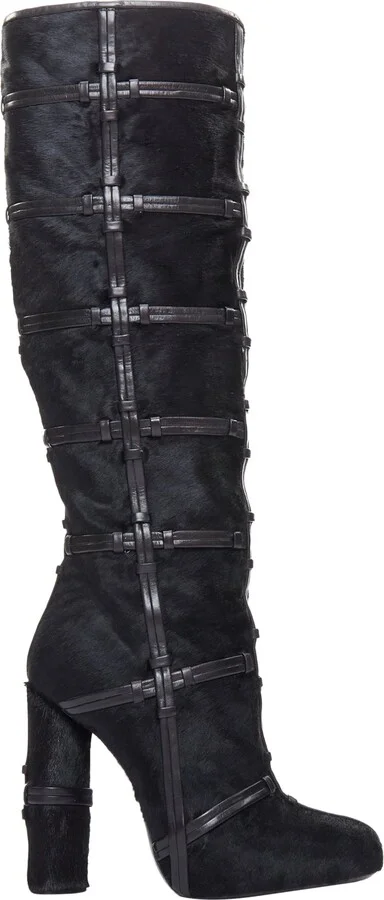 Ponyhair Leather Cage Trim Block Heeled Boots