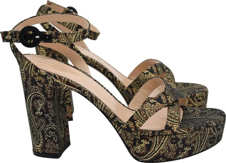 Poppy 70 Paisley Sandals in Black and Gold Brocade