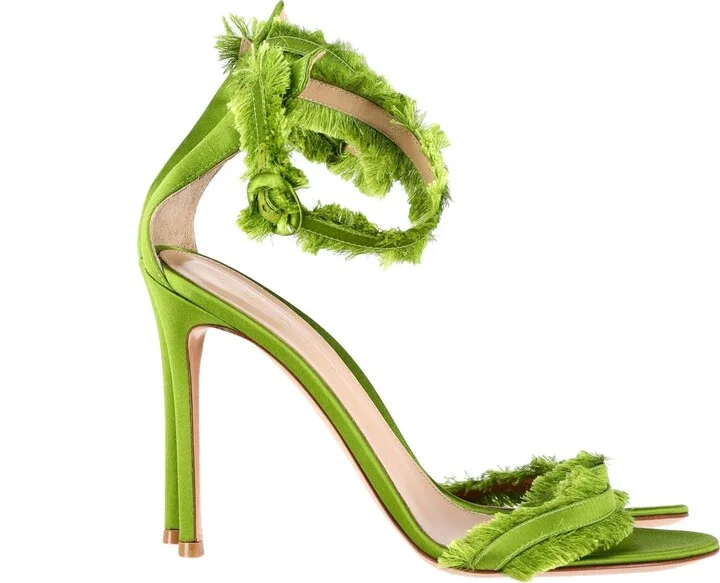 Portofino Fringe-Trimmed Sandals in Green Satin