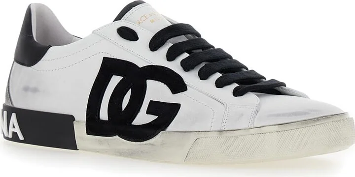'portofino' White And Black Low Top Sneakers With Logo Patch And Used Effect In Leather Man - Image 2
