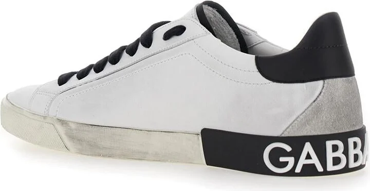 'Portofino' White And Black Low Top Sneakers With Logo Patch And Used Effect In Leather Man - Image 3