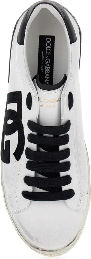 'Portofino' White And Black Low Top Sneakers With Logo Patch And Used Effect In Leather Man - Image 4