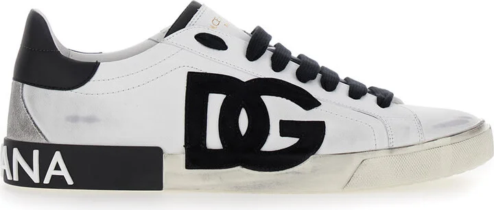 'portofino' White And Black Low Top Sneakers With Logo Patch And Used Effect In Leather Man
