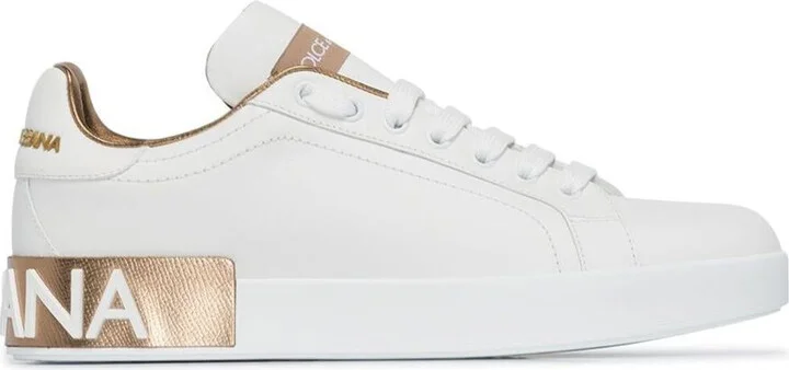 'Portofino' White And Gold Low Top Sneakers With Logo In Leather Woman