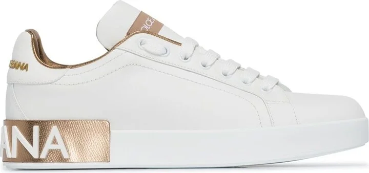 'portofino' White And Gold Low Top Sneakers With Logo In Leather Woman
