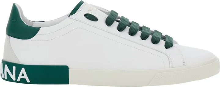 'Portofino' White And Green Low Top Sneakers With Logo Lettering On Tongue And Rear In Leather Man