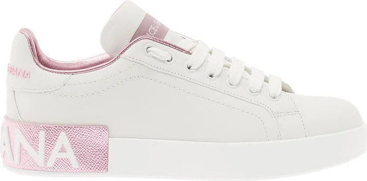 'portofino' White And Pink Low Top Sneakers With Logo In Leather Woman
