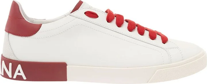 'Portofino' White And Red Low Top Sneakers With Logo Patch In Leather Man