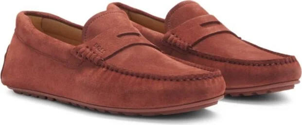 Portuguese-crafted moccasin loafers in suede with penny trim