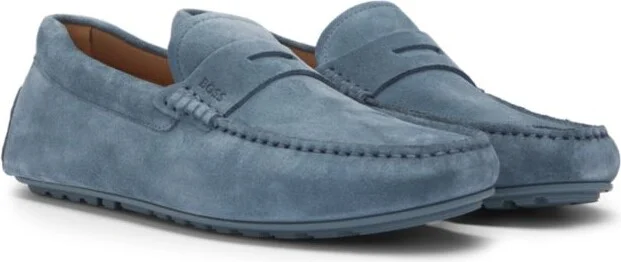 Portuguese-crafted moccasin loafers in suede with penny trim
