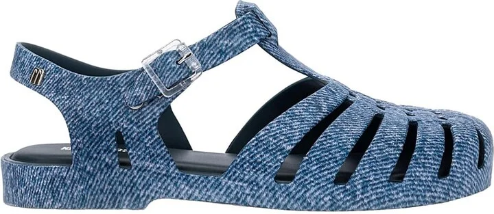 'possession' Blue Sandals With Cage Design And Denim Print In Tech Fabric Woman