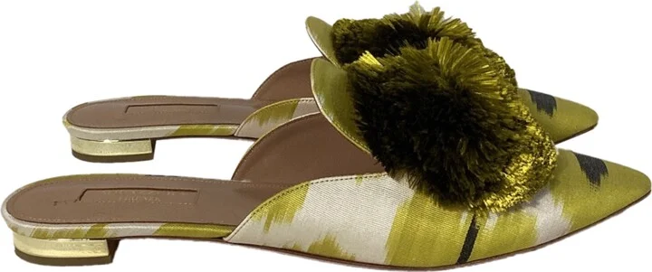 Powder Puff Pom Pom Mules in Green Satin