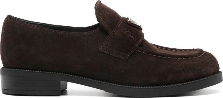 Prada Enamel Triangle-Logo Suede Loafers