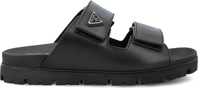 Prada Enamel-Triangle Slip-On Sandals