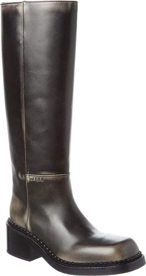 Prada Logo Leather Knee-High Boot