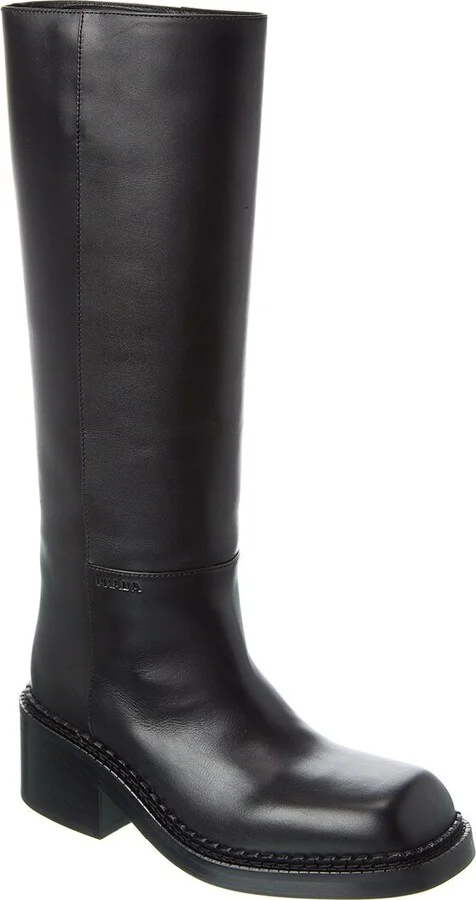 Prada Logo Leather Knee-High Boot