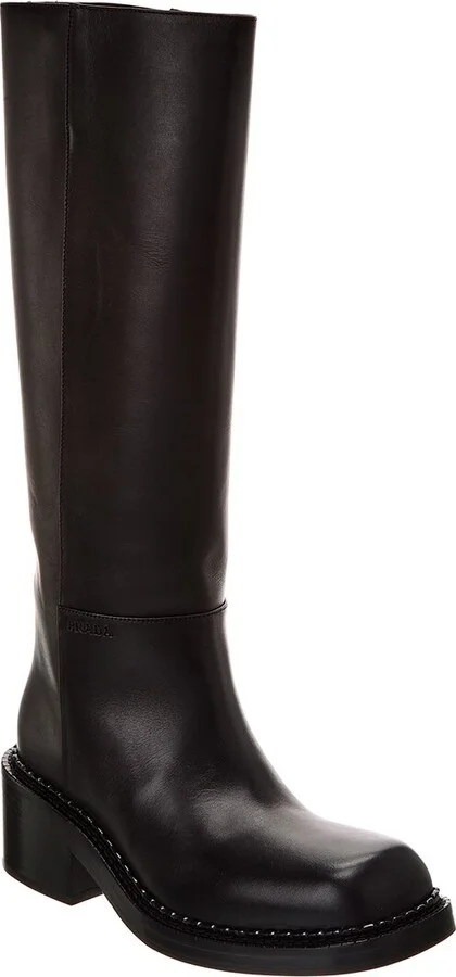 Prada Logo Leather Knee-High Boot