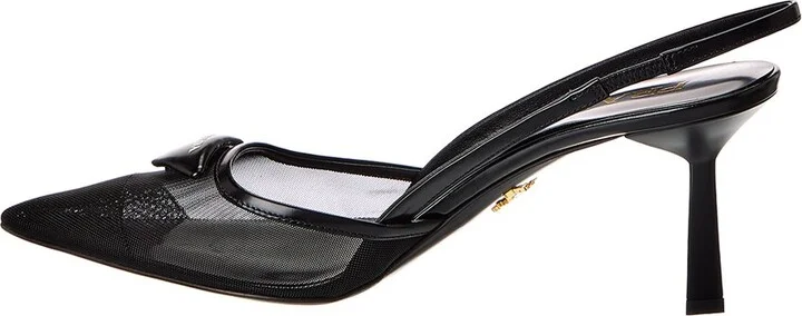 Prada Logo Leather & Mesh Pointy-Toe Slingback Pump - Image 2