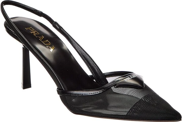 Prada Logo Leather & Mesh Pointy-Toe Slingback Pump