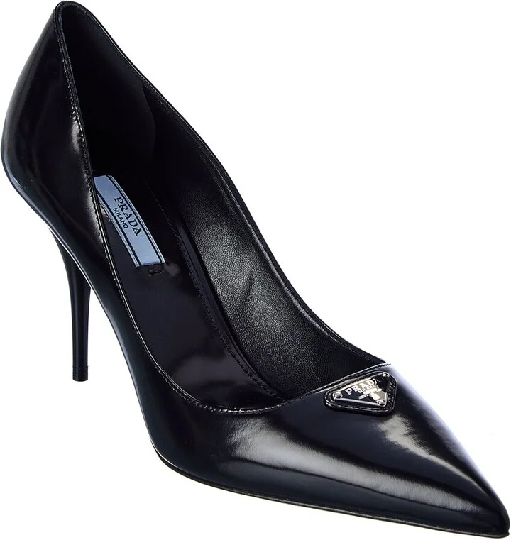 Prada Logo Leather Pointy-Toe Pump