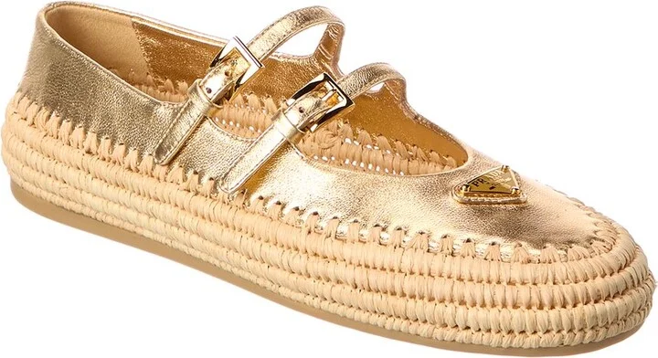 Prada Logo Leather & Raffia Ballet Flat