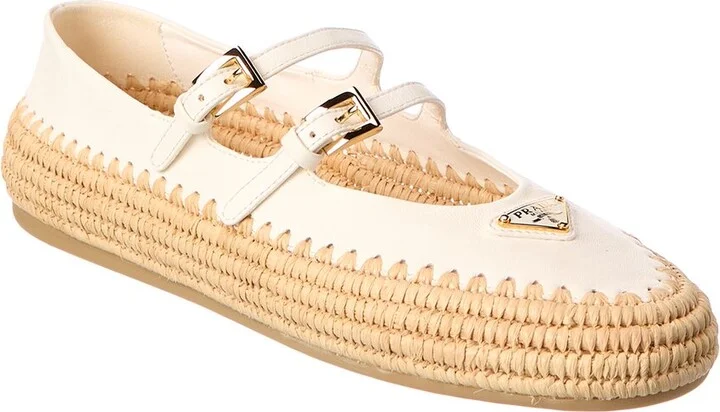 Prada Logo Leather & Raffia Ballet Flat
