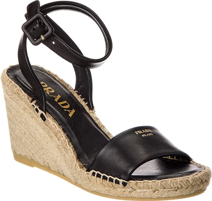 Prada Logo Leather Wedge Sandal