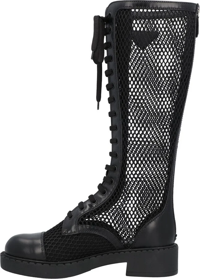 Prada Logo Mesh & Leather Knee-High Boot - Image 2