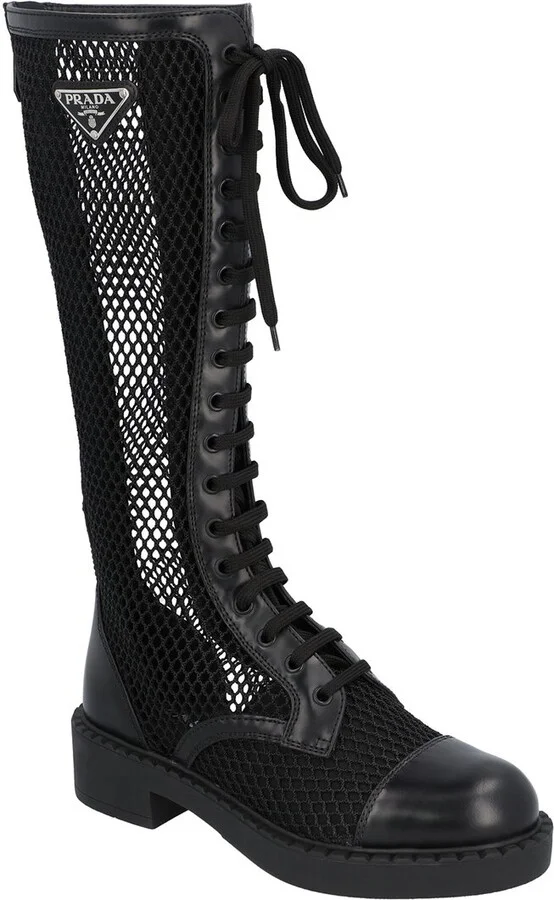 Prada Logo Mesh & Leather Knee-High Boot