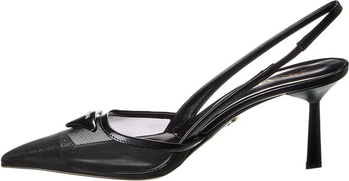 Prada Logo Mesh & Leather Pointy-Toe Slingback Pump - Image 2